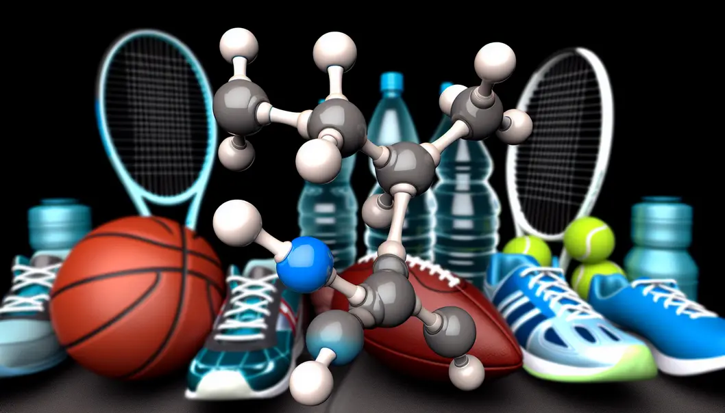 A water molecule model depicted with sports gear, highlighting the link between scientific insights and athletic hydration.