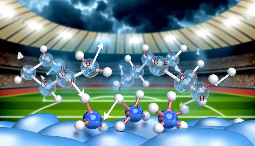A visualization of water molecules showcasing hydrogen bonds and electron orbital overlaps.